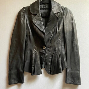 Classic Black sheepskin button leather jacket Sz S/M 17"PTP